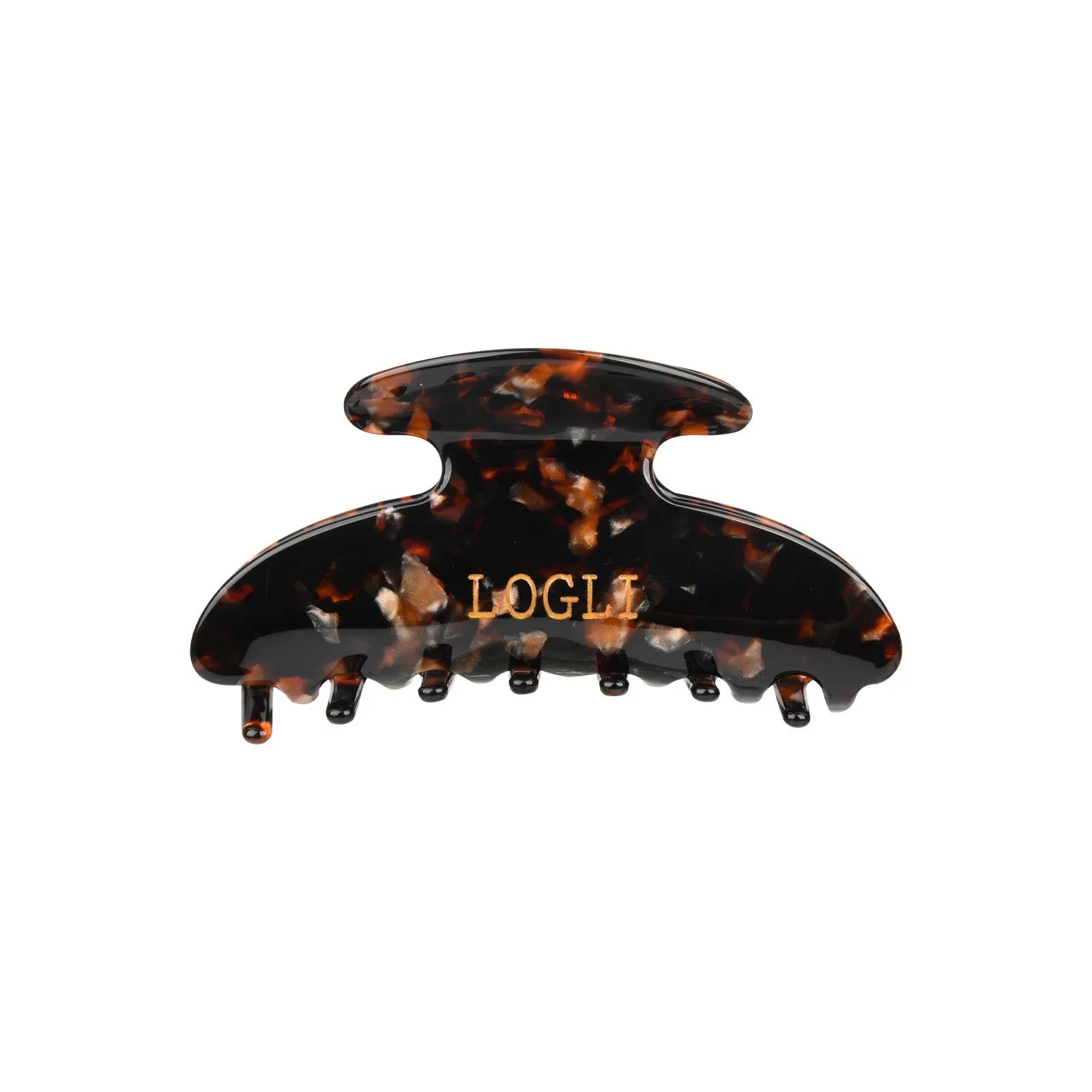 Tortoiseshell hair clip with 'LOGLI' branding on a white background