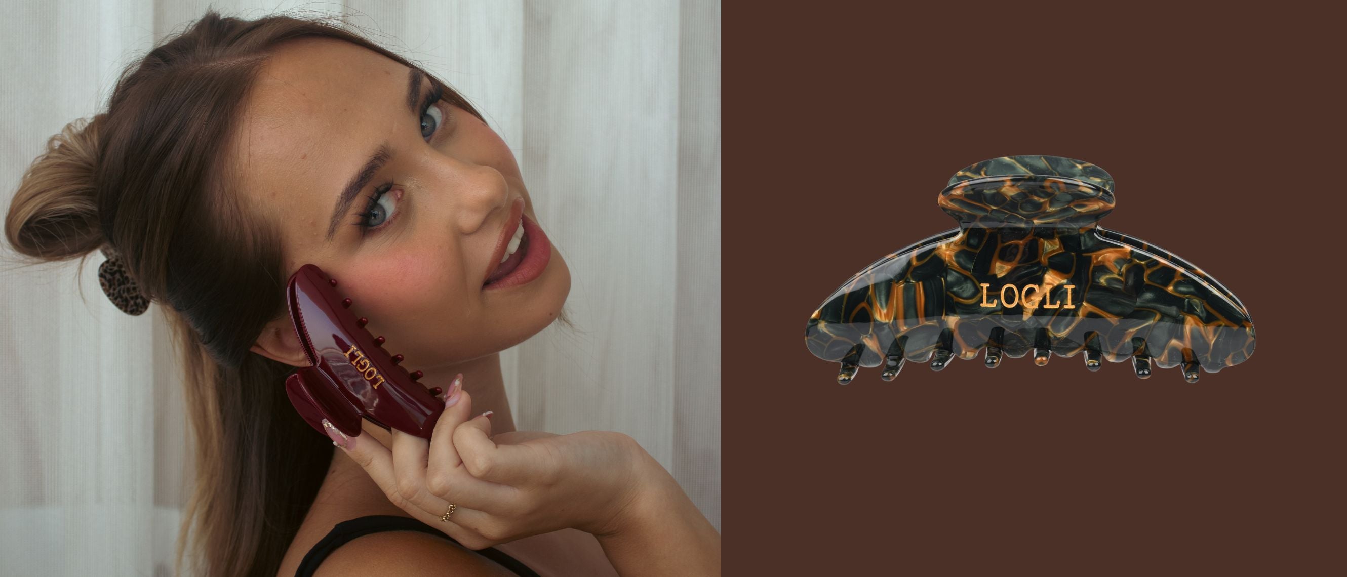 Woman holding a hair clip with a close-up of the clip on a brown background