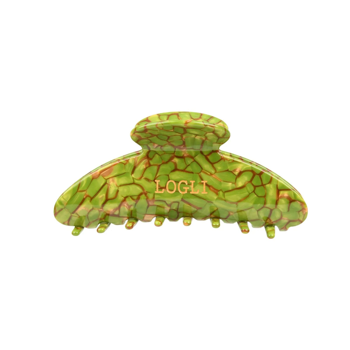 Green and gold patterned hair clip with 'LOGLI' branding on a white background