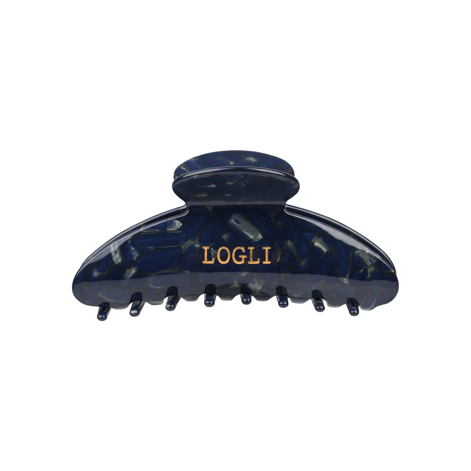 Navy blue marbled hair clip with 'LOGLI' branding on a white background