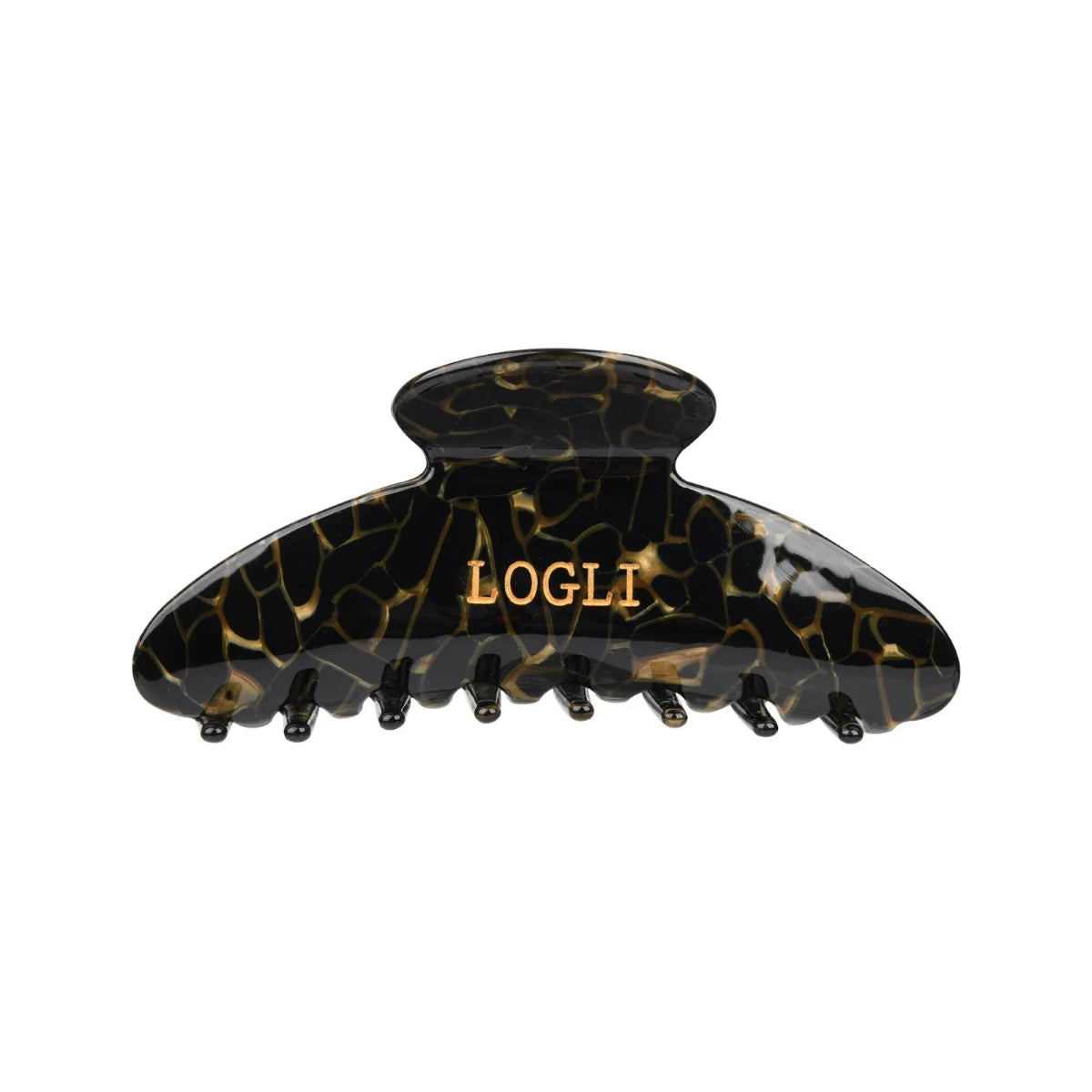 Black and gold tortoiseshell hair clip with 'LOGLI' branding on a white background