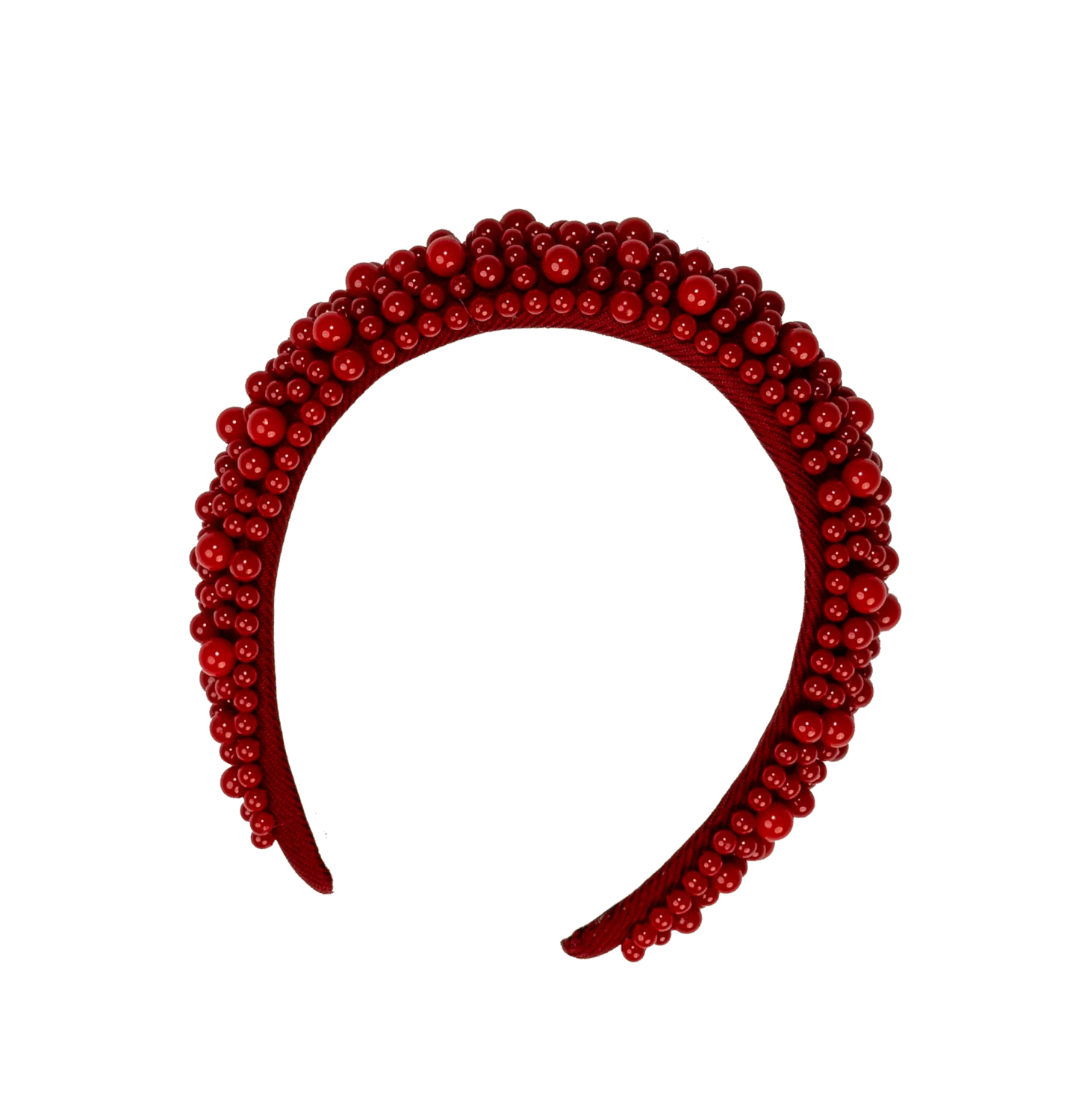 Red beaded headband on a white background