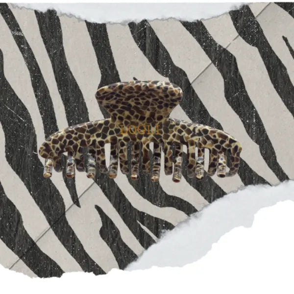 Leopard print hair clip on a zebra patterned background