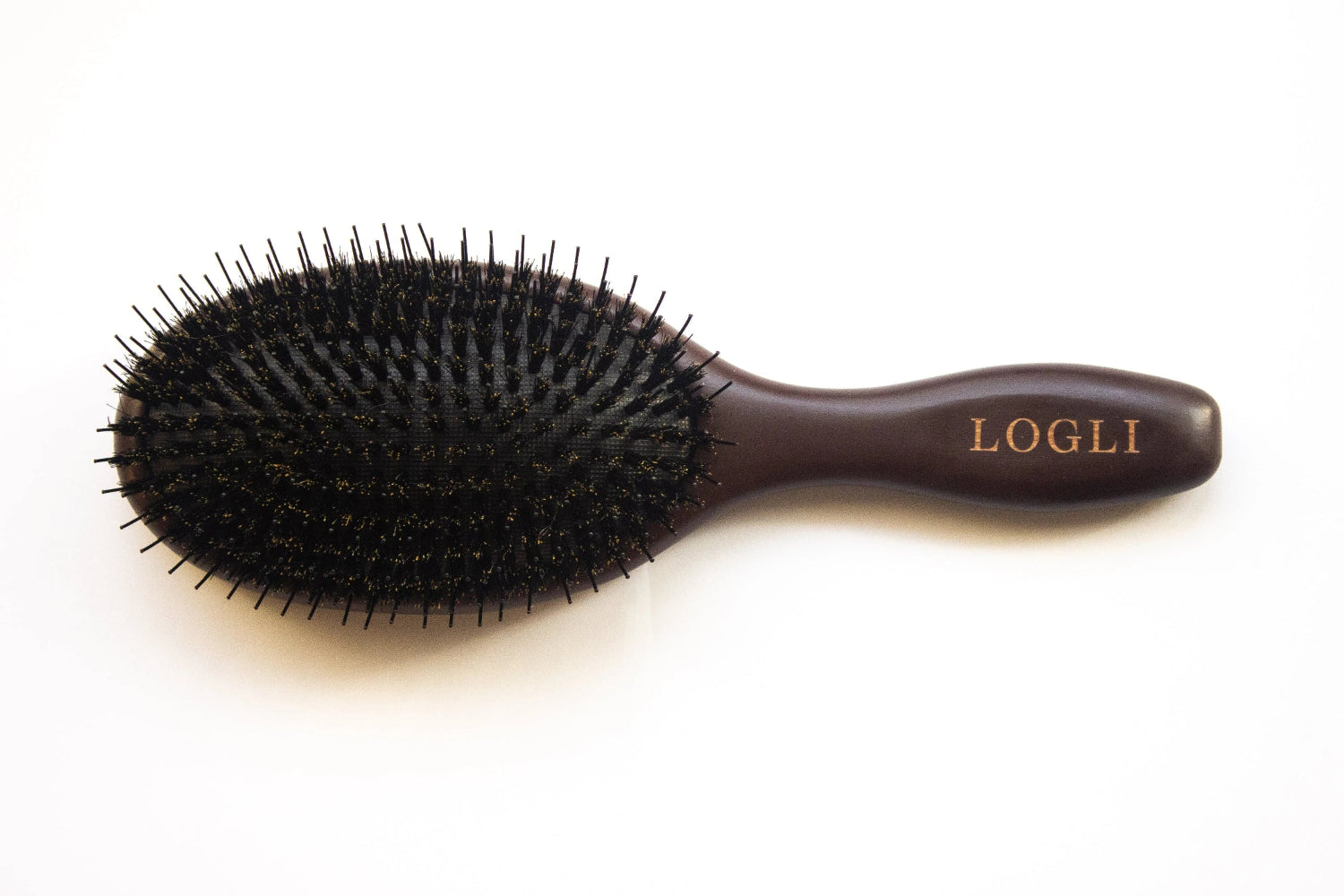 Burgundy hairbrush with black bristles on a white background, featuring the brand 'Logli'.