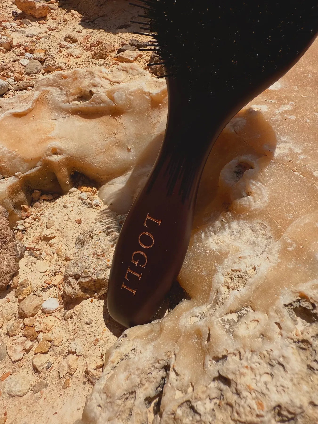 Burgundy brush with 'LOGLI' branding on a rocky background
