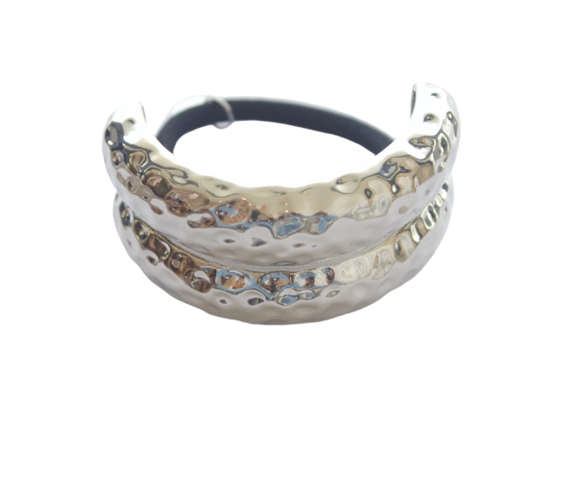 Silver metal hairband with textured design on a light gray background