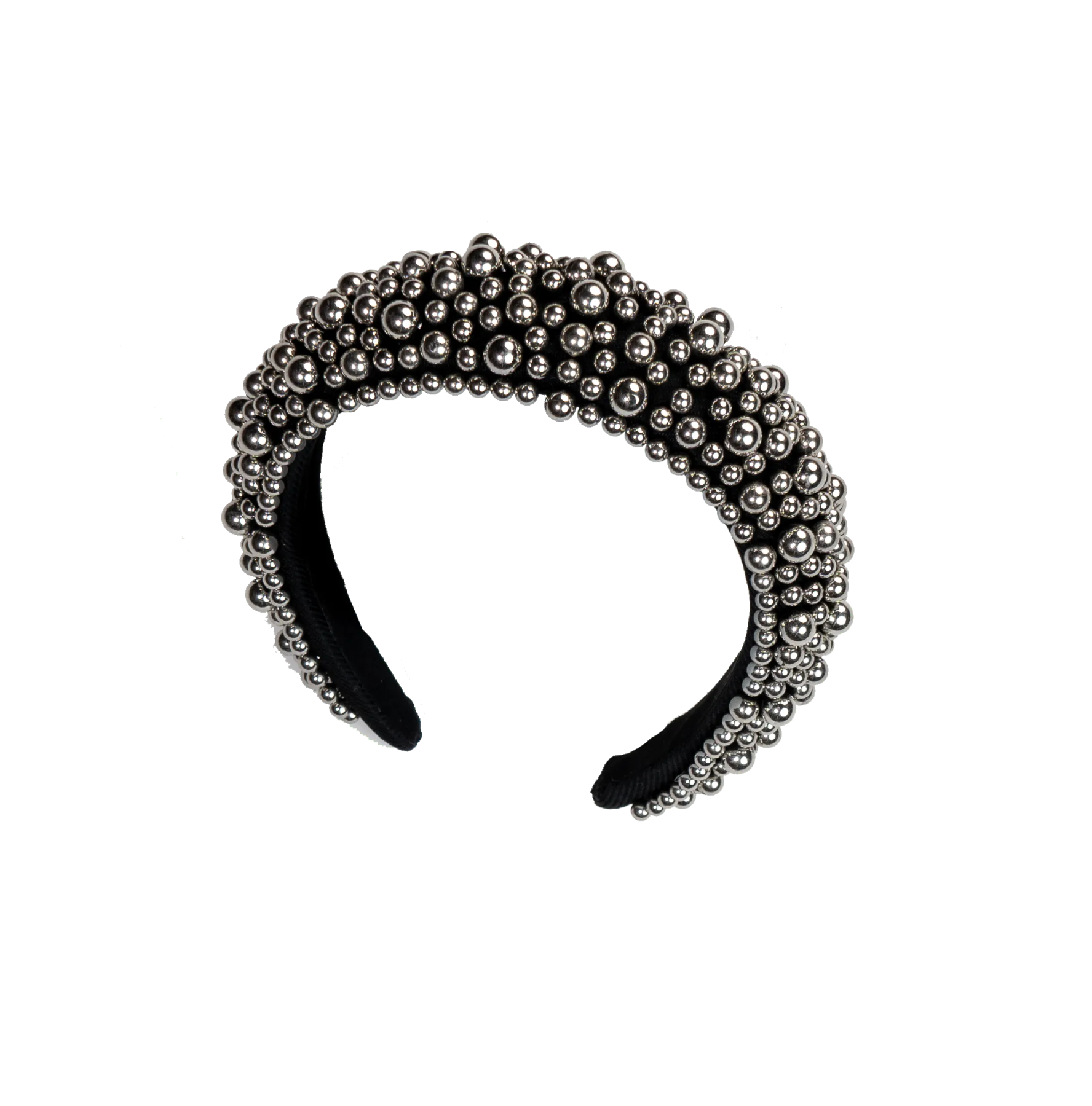 Black headband with silver beads on a white background