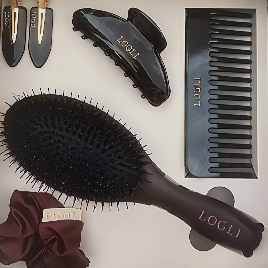LOGLI hair care product set including a brush, comb, and clips in a box.